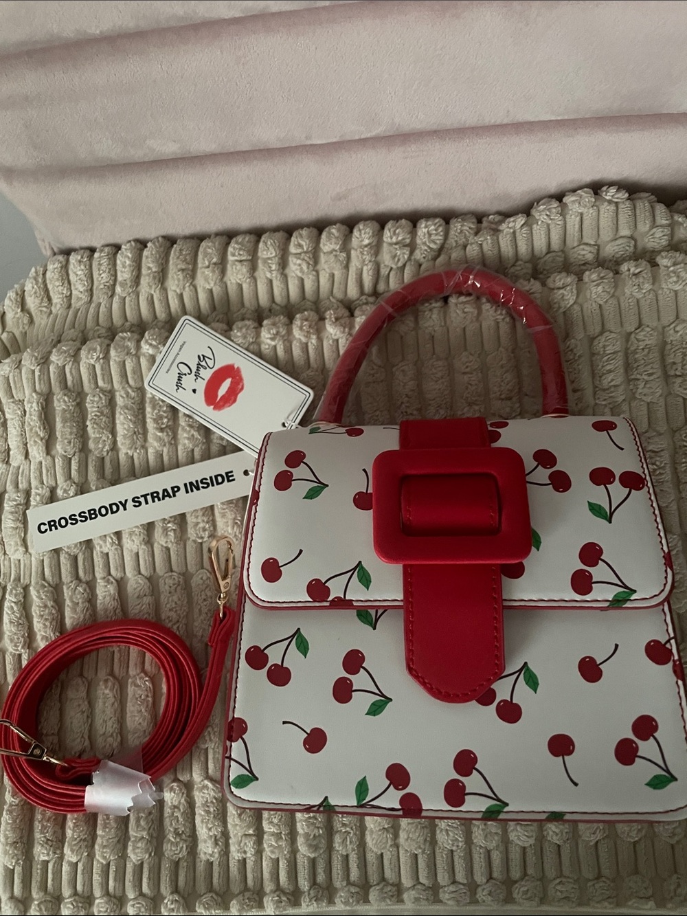 White & Red Cherry Print Mini Top-Handle Crossbody